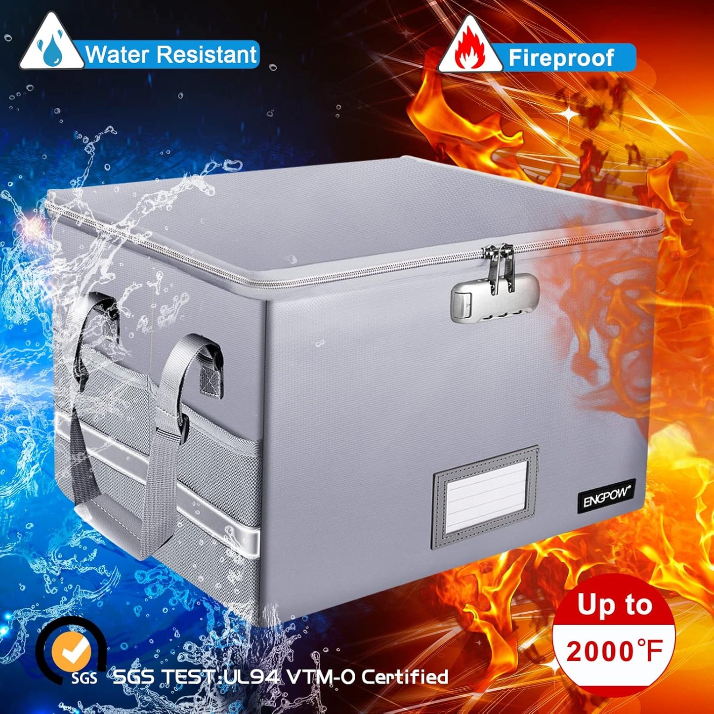 ENGPOW File Box with Lock, Fireproof Document Box with Zipper＆Pockets, Collapsible File Organizer Filing Storage Cabinet with Handle, Portable Home Office Safe for Hanging Letter/Legal Folder,Silver