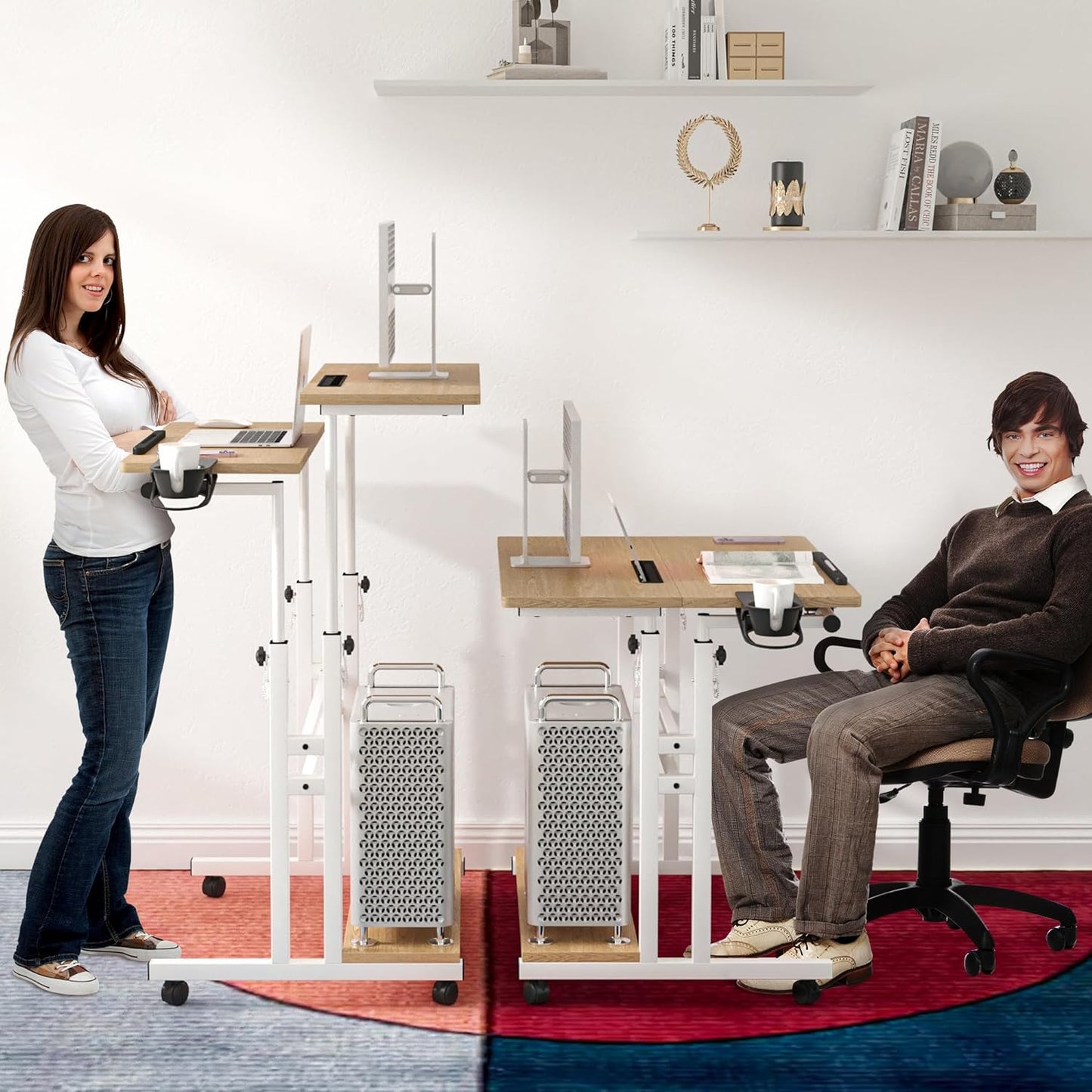 Mobile Standing Desk, Adjustable Rolling Computer Desk with 3 Desktops, Portable Laptop Table with Cup Holder, Home Office Laptop Workstation on Lockable Wheels,Khaki