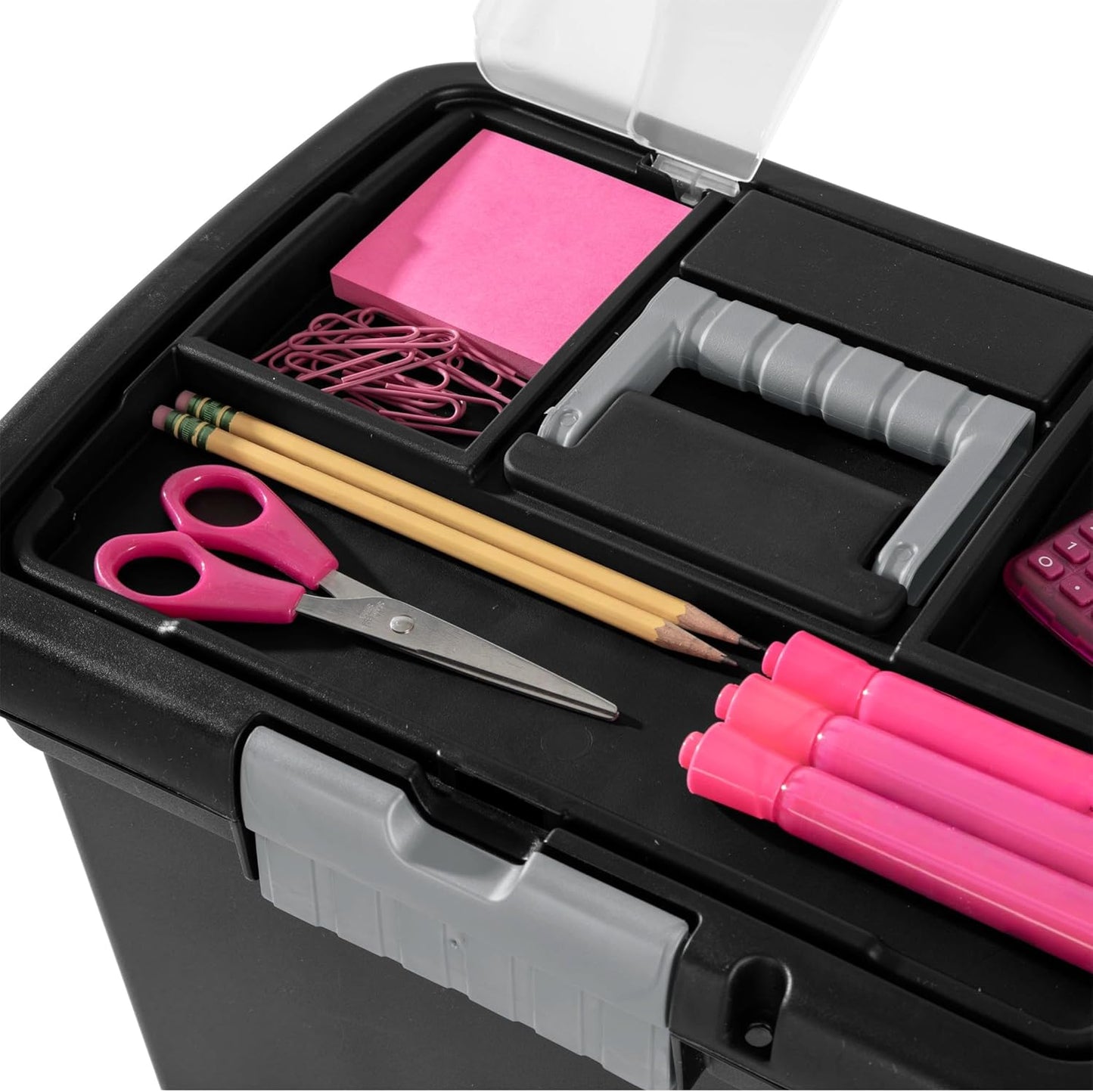Portable File Storage Box with Handle, Stackable and Lockable Document Organizer, Plastic Filing Box for Home Office, Closet, 15 x 10.9 x 11.5 Inches, Black