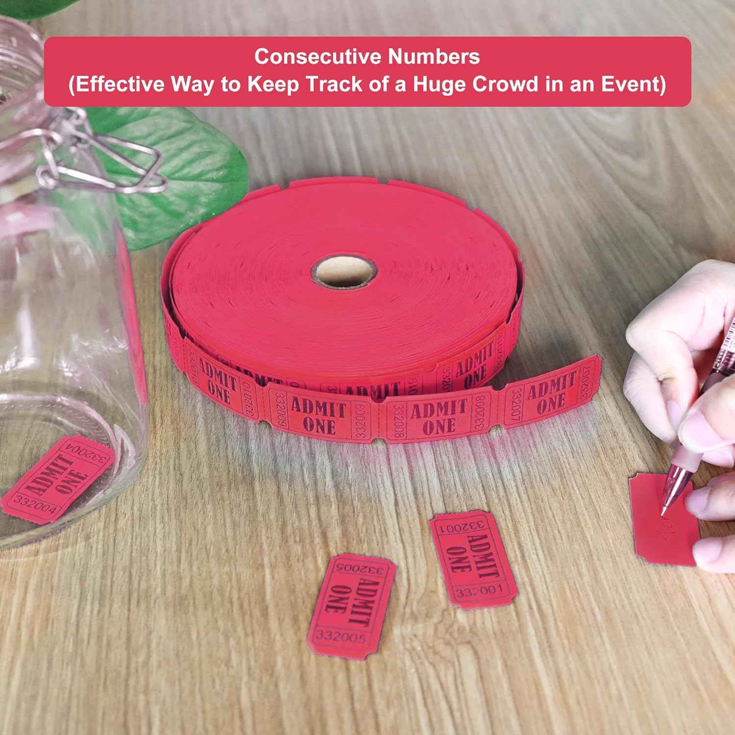 L LIKED 2000 Red Raffle Tickets with Perforations and Consecutive Numbers,Single Ticket Roll for Events, Carnivals, Door Prizes & Drinks