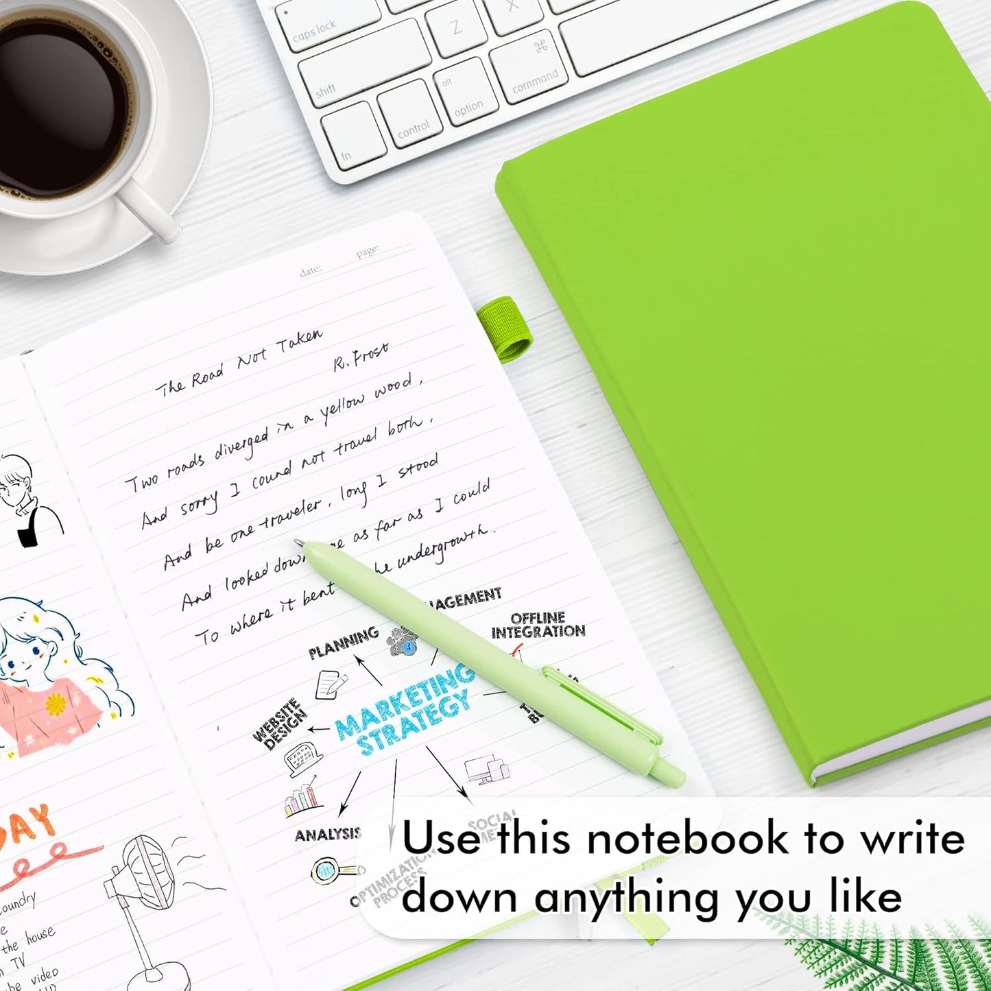 feela 5 Pack Notebooks Journals Bulk, Hardcover Notebook Classic Ruled Lined Journals with Pen Holder for Women Girls School Business Supplies, with 5 Black Pens, 120 GSM, 5.1”x8.3”, A5, Green