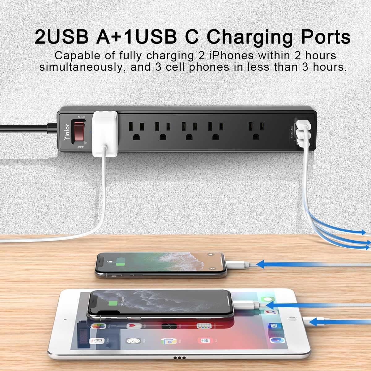15Ft Power Strip Surge Protector - Yintar Extension Cord with 6 AC Outlets and 3 USB Ports for Home, Office, Dorm Essentials, 1680 Joules, ETL Listed, Black