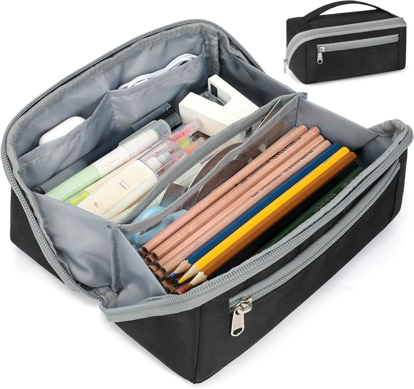 Large Capacity Pencil Case - Pencil Pouch for Teen Boys, Aesthetic Pouch Organizer with 8 Compartments, Wide Opening Marker Bag for Middle High School College, Fits Calculator, Black