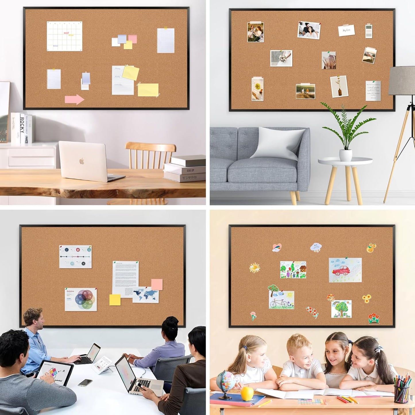 Extra Large Cork Bulletin Board 60" X 36", Black Wood Framed Corkboard for Wall, Wall Mounted Notice Pin Board with 18 Push Pins