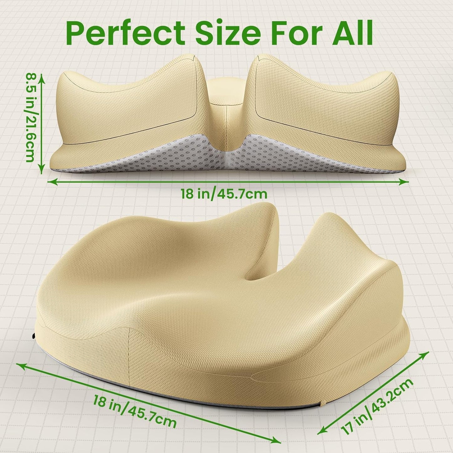 Benazcap Large Seat Cushion for Office Chair Memory Foam Coccyx Pain Relief Cushion Pillow for Back Support Non-Slip Seat Pad for Office Desk, Car Seat, Wheelchair, Sciatica-Beige