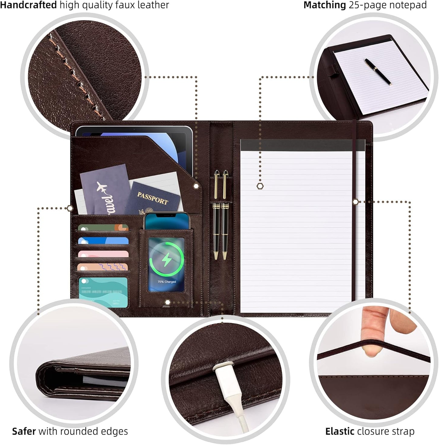 Leather Portfolios for Men Clip Boards 8.5x11 with Storage Dark Brown Leather Binder Folders