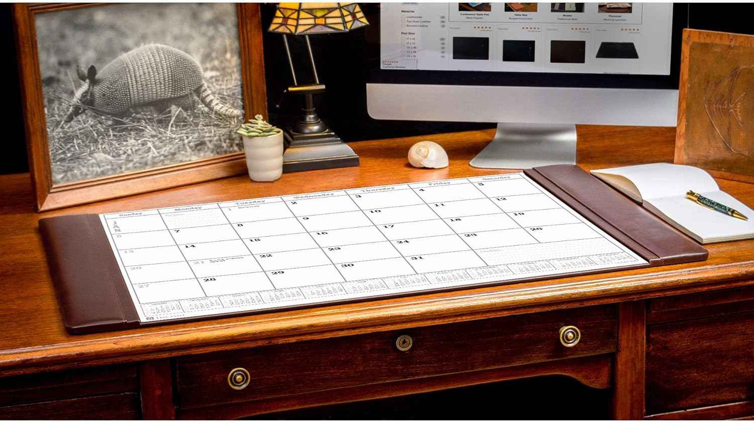 Chocolate Brown Leather Desk Pad w/Calendar, 34 x 20