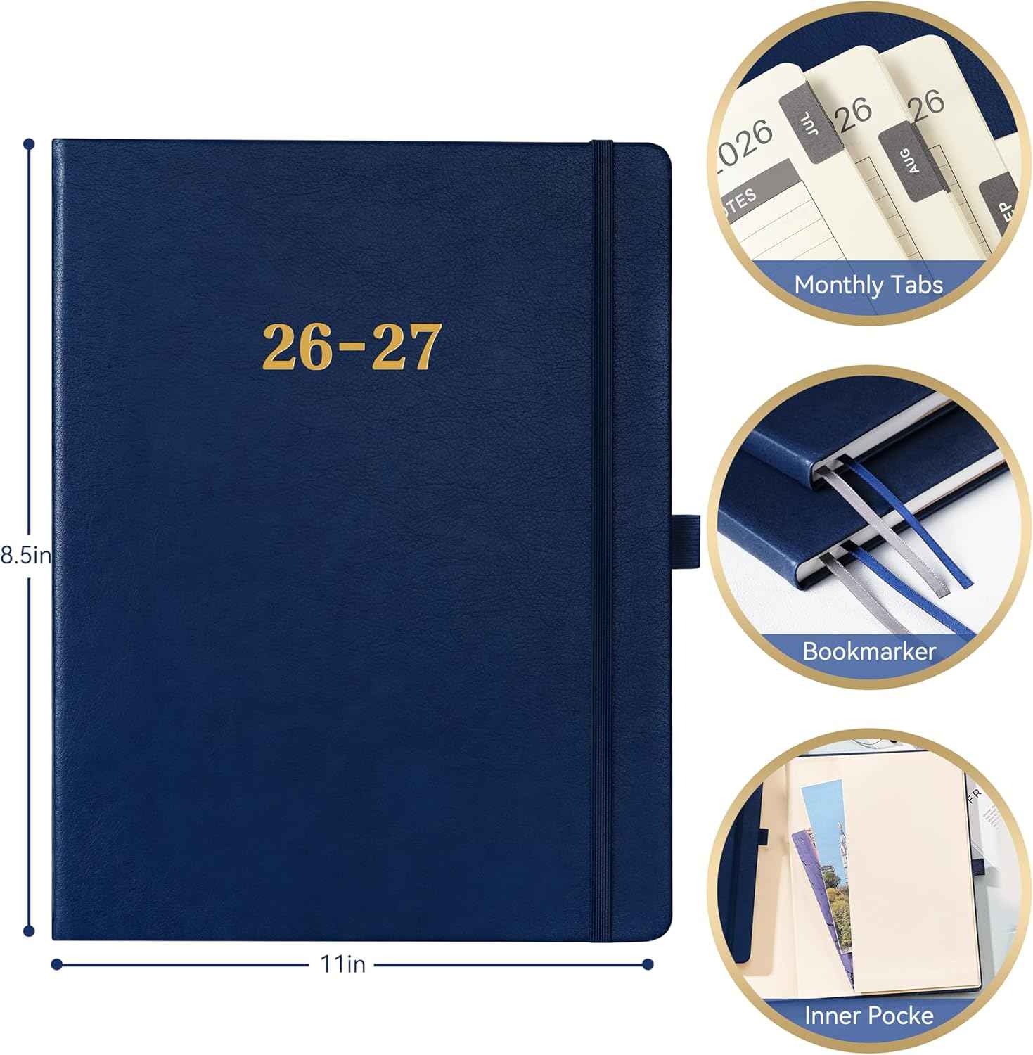 2026-2027 Planner - Planner 2026-2027, 8.5"x11", July 2026 - June 2027, Leather Calendar Weekly and Monthly Planner 26-27, Leather Hardcover, Pen Loop, Elastic Closure, Pocket - Navy