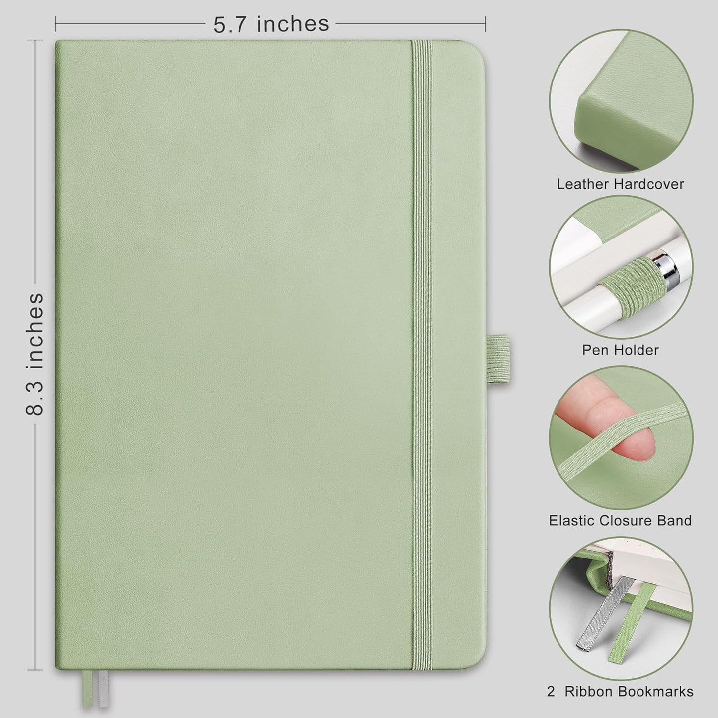 RETTACY Graph Grid Paper Notebook, 2-Pack, 192 Pages per Pack, A5 Medium Size (5.7'' x 8.3''), Leather Hardcover, 100 GSM Thick Paper, for School, Students, Math, Engineering (Black & Light Green)