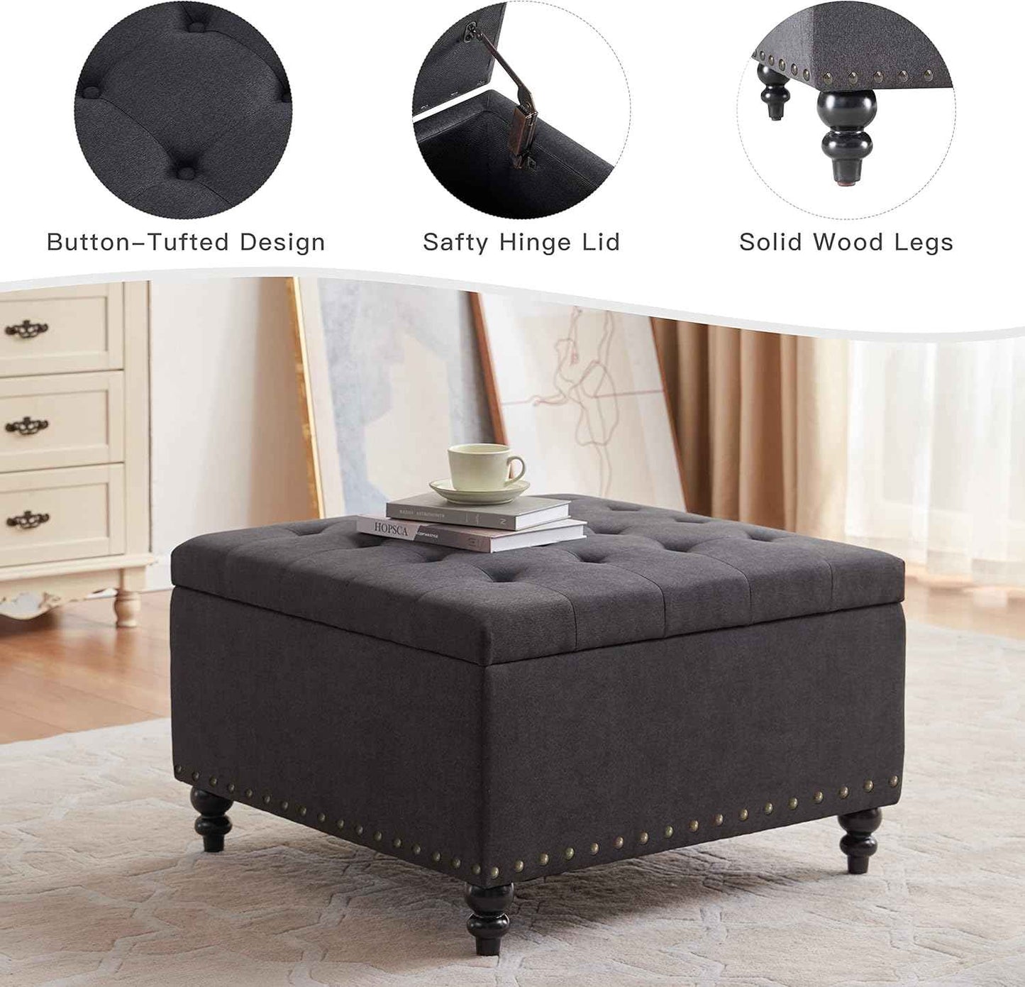 HUIMO Square Storage Ottoman, Large Ottoman Coffee Table for Living Room (Dark Grey)