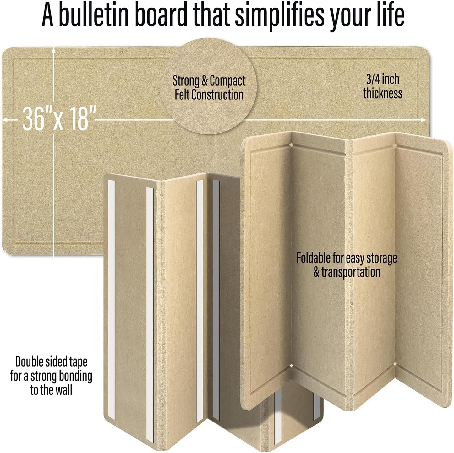 Large Bulletin Board 36 x 18 Inches - Foldable Felt Bulletin Board for Wall, Cork Board Alternative with 38 Wood Pins & 6 Note Pads, Vision Board - Khaki