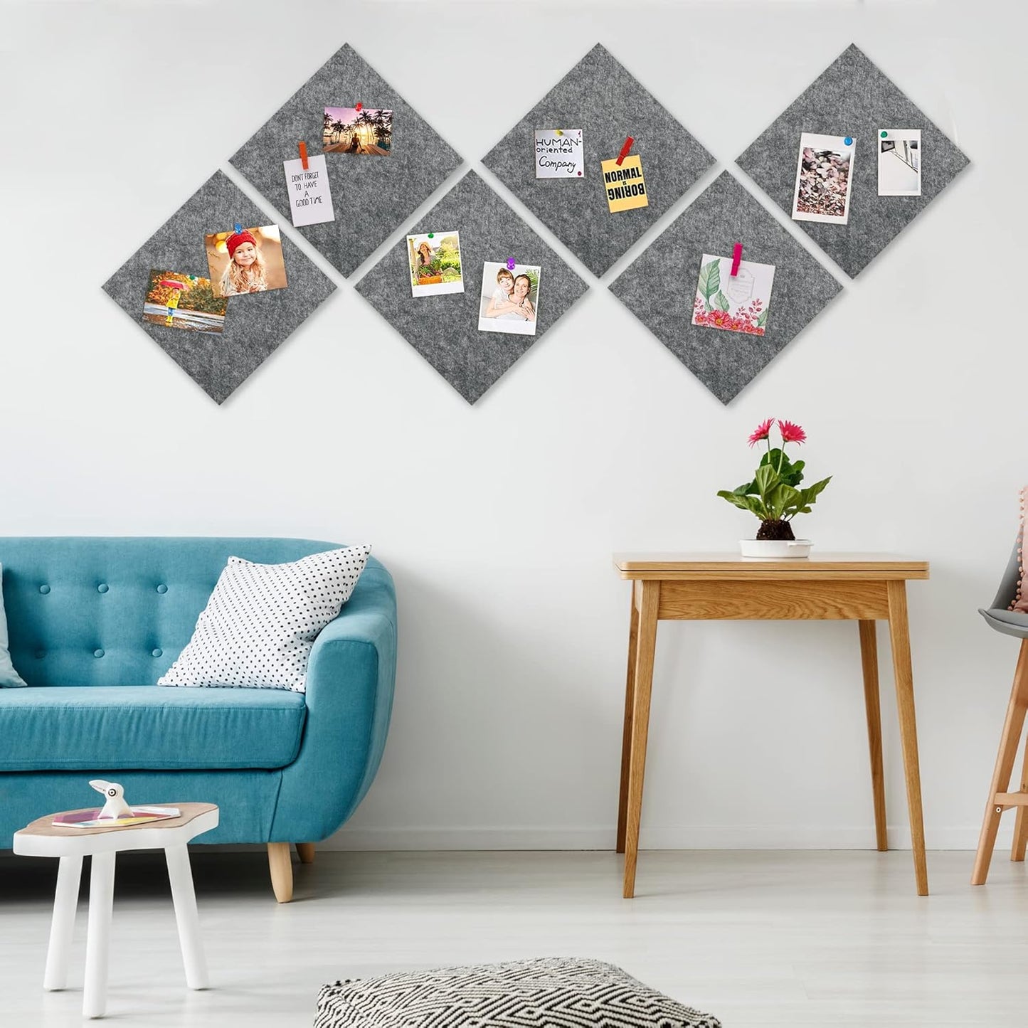 AKTOP Cork Bulletin Board 12x12, 1/2" Thick Felt Cork Board Tiles 12 Pack, Small Square Pin Board for Wall, Self Adhesive Corkboards with 120 Push Pin Wood Clips for School, Home & Office, Grey - Lumora Desk