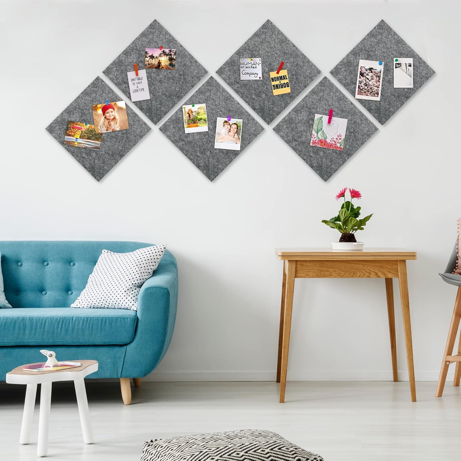 AKTOP Cork Bulletin Board 12x12, 1/2" Thick Felt Cork Board Tiles 12 Pack, Small Square Pin Board for Wall, Self Adhesive Corkboards with 120 Push Pin Wood Clips for School, Home & Office, Grey - Lumora Desk