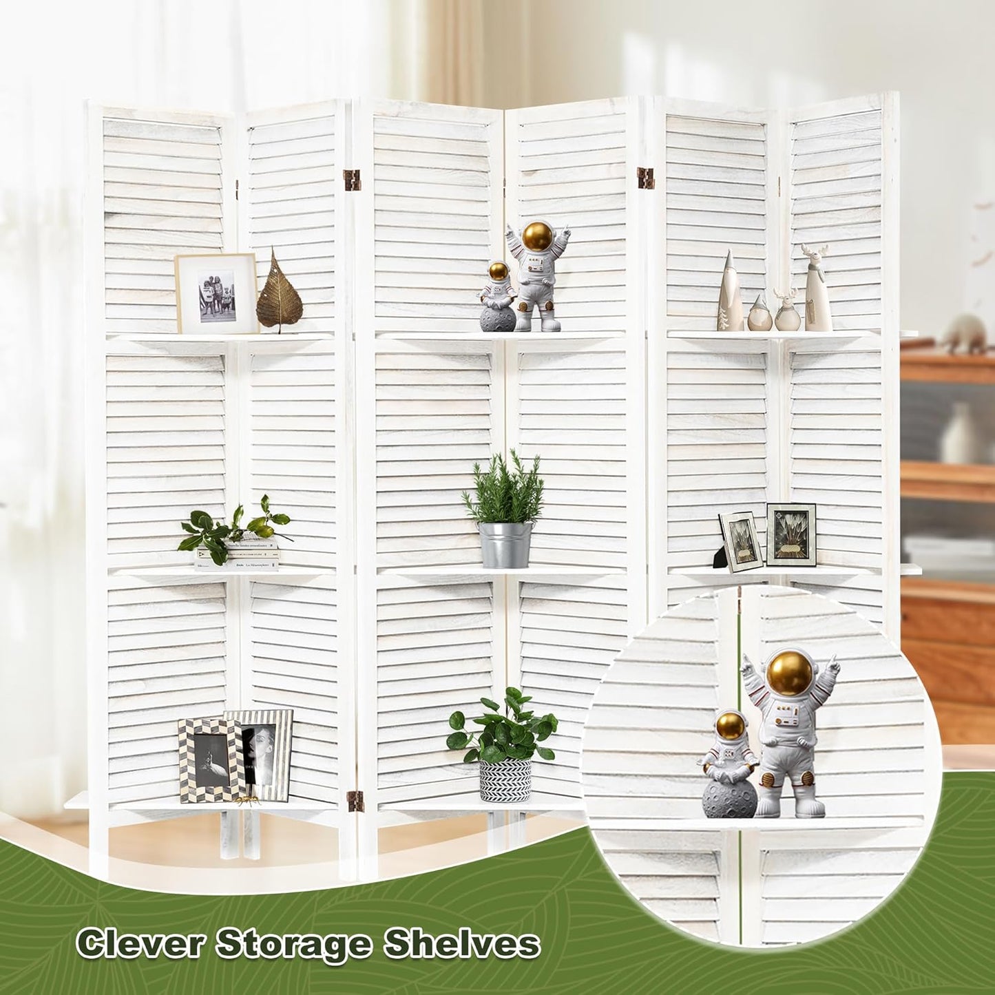 NicBex 6 Panel Room Divider,5.6FT Wood Carved Room Dividers with Display Shelves Folding Privacy Screens Portable Freestanding Partition Wall Dividers for Room Separation,Home Bedroom Office,White - Lumora Desk