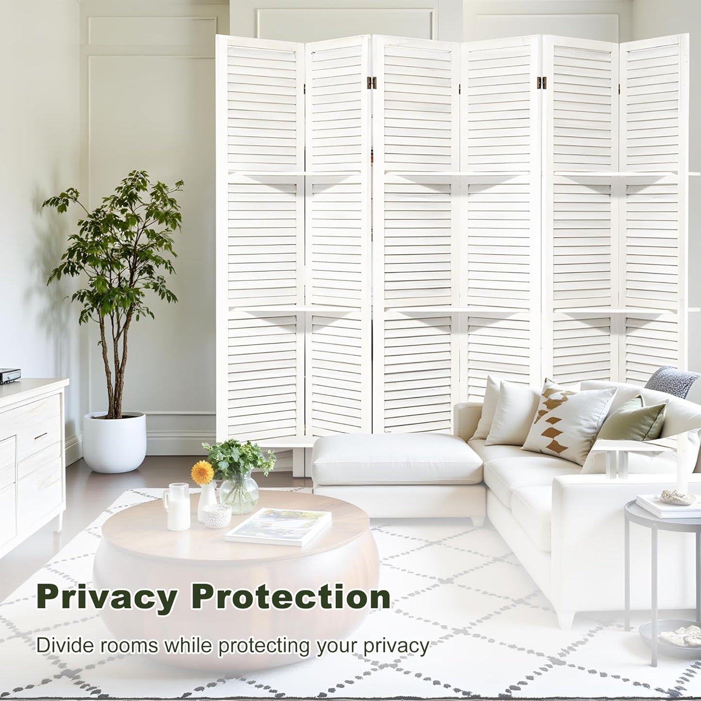 NicBex 6 Panel Room Divider,5.6FT Wood Carved Room Dividers with Display Shelves Folding Privacy Screens Portable Freestanding Partition Wall Dividers for Room Separation,Home Bedroom Office,White - Lumora Desk