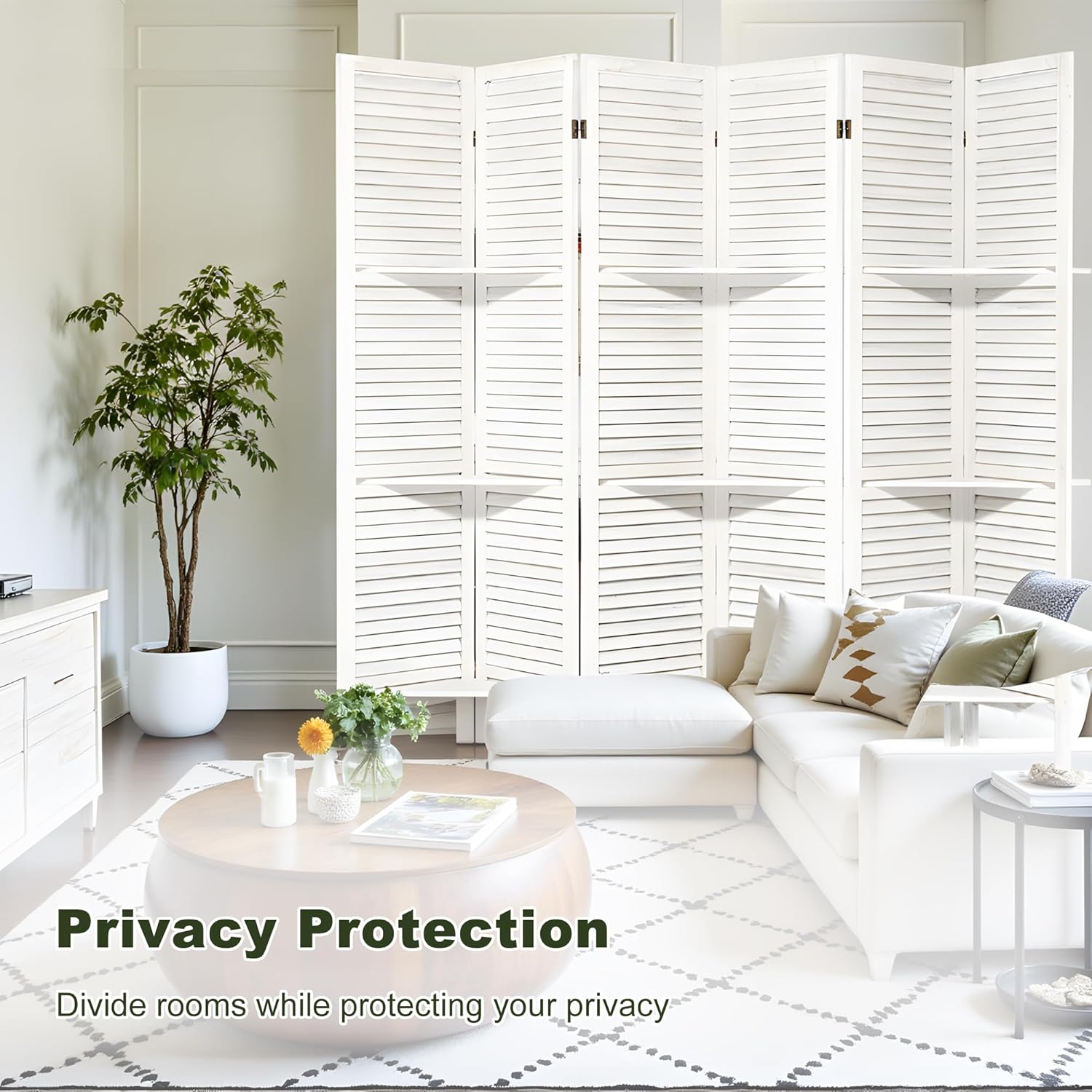 NicBex 6 Panel Room Divider,5.6FT Wood Carved Room Dividers with Display Shelves Folding Privacy Screens Portable Freestanding Partition Wall Dividers for Room Separation,Home Bedroom Office,White - Lumora Desk