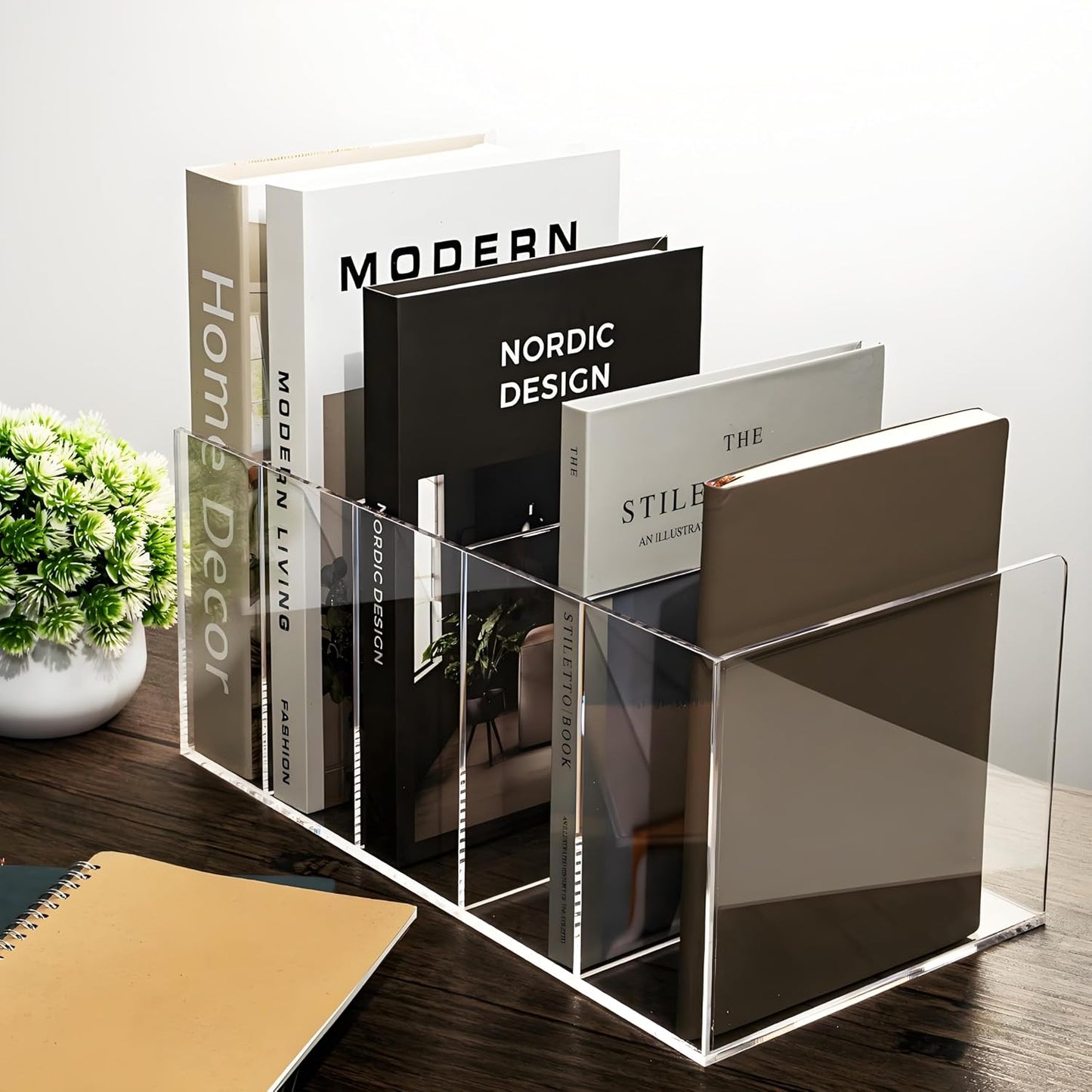 Acrylic Magazine File Holder with 5 Vertical Compartments, Clear Desk Organizer and Magazine Storage Rack File Organizer Bookshelf for Office Desktop Accessories, Home Workspace