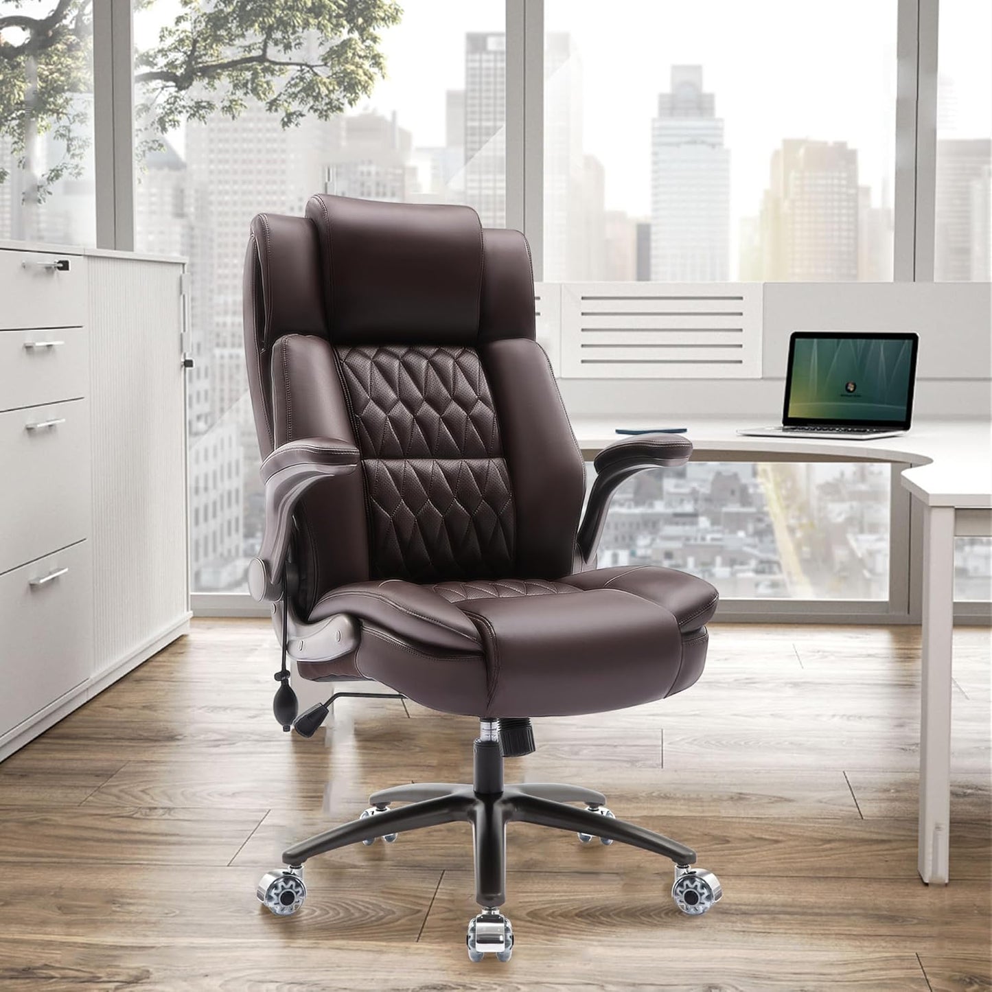 Large High Back Office Chair - Adjustable Lumbar Support Flip Up Arms Heavy Duty Quiet Wheels Metal Base Breathable Bonded Leather Ergonomic Executive Computer Desk Chair with Storage Bags, Brown