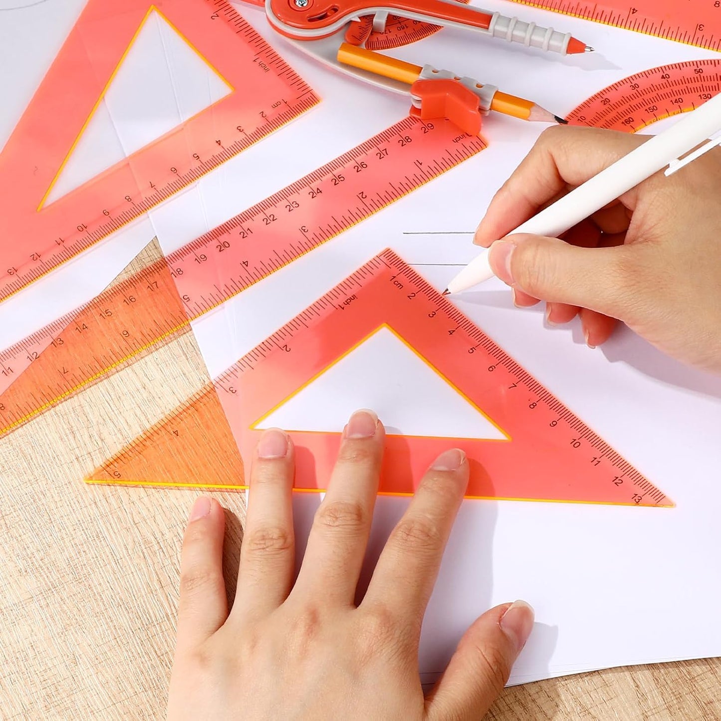 Zonon 1 Set Plastic Geometry Math Set 7 Pcs Includes 6'' / 4 '' Protractor, Drawing Compass, 45/60 Degree Triangle Rulers, 12'' / 6'' Math Ruler Transparent for Office Supplies(Orange)