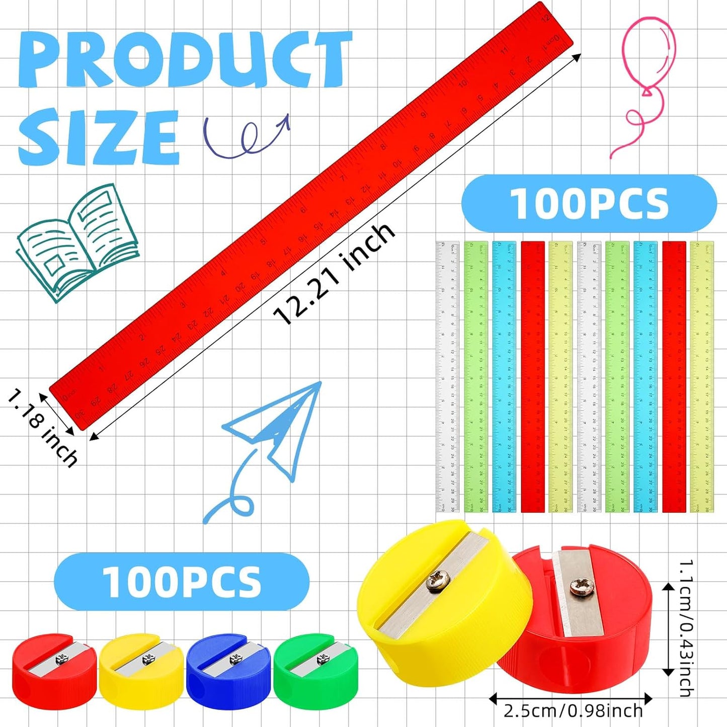100 Pcs Plastic Rulers and 100 Pcs Mini Round Manual Pencil Sharpener Bulk, 4 Assorted Colors Pocket Sized Pencil Sharpeners Colorful Straight Ruler Back to School Supplies for Kids (Classic,12 Inch)