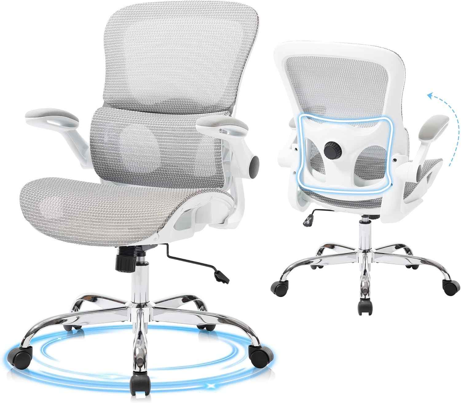 Office Chair, Ergonomic Desk Chair with Adjustable High Back 2D Lumbar Support Flip-up Armrests, Executive Breathable Mesh Comfy Swivel Rolling Computer Task Chair for Home Office Study Work Gaming