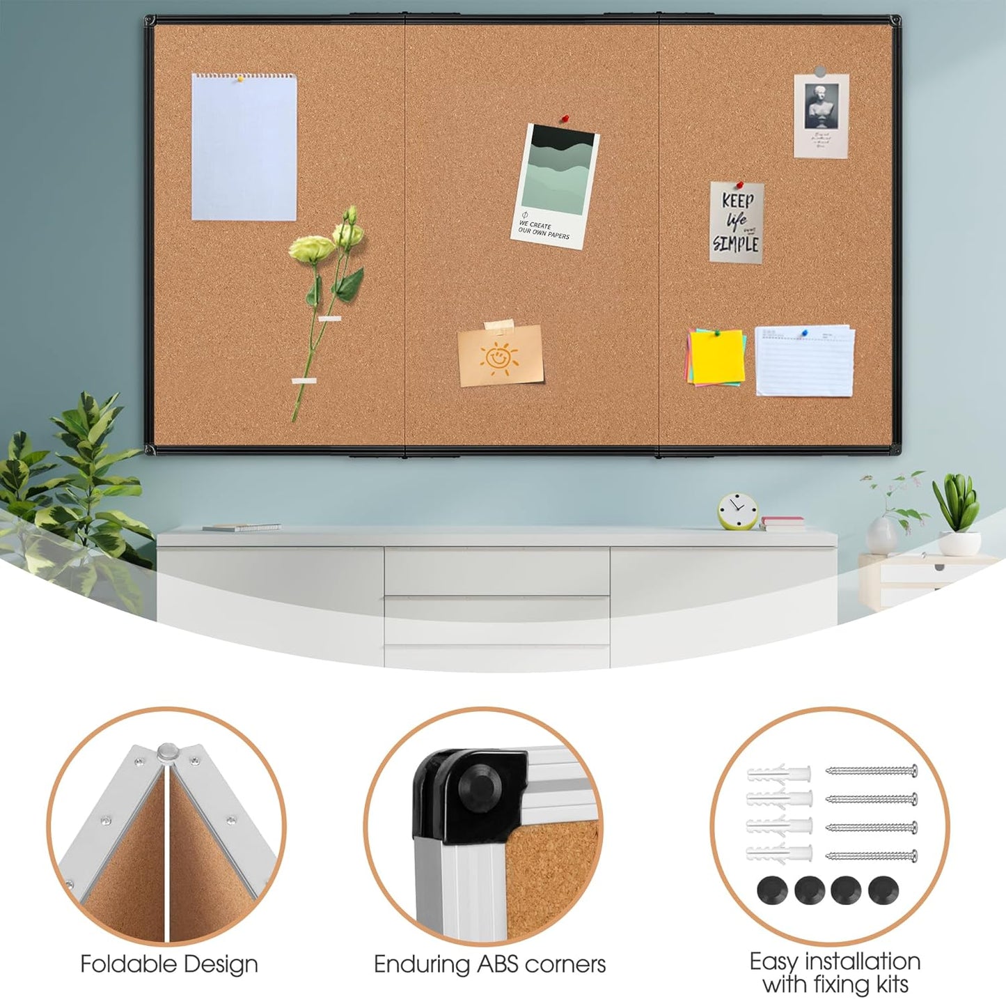 Board2by Extra Large Cork Bulletin Board 96" X 48", Foldable Notice Pin Board for Wall, Black Aluminum Framed 8'x4' Corkboard, Wall Mounted Noticeboard with 36 Push Pins for School, Home & Office - Lumora Desk