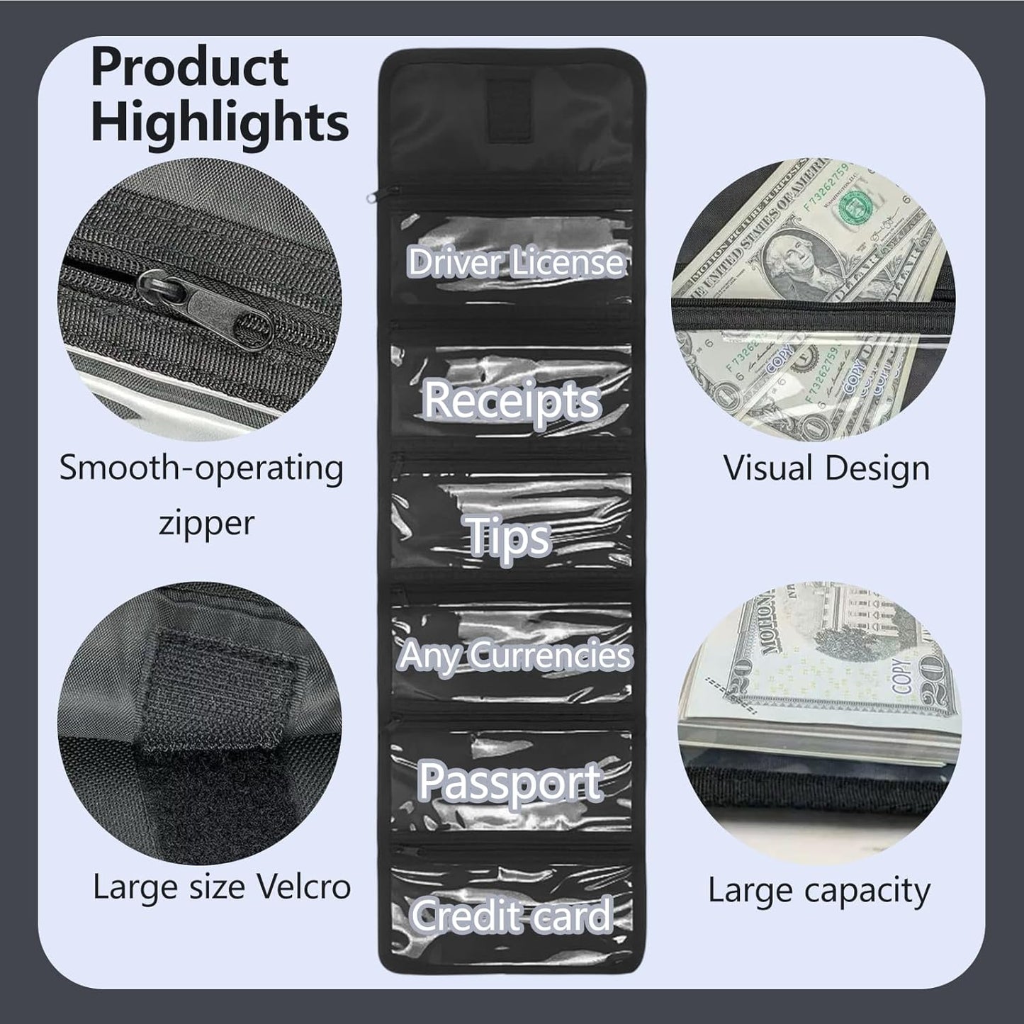 Money Organizer,Money Organize for Cash with 6 Zippered Pocket Multipack Pouch,Small Travel Casher Holder,Cash Holder for Bills,Coins,Foreign Currencies