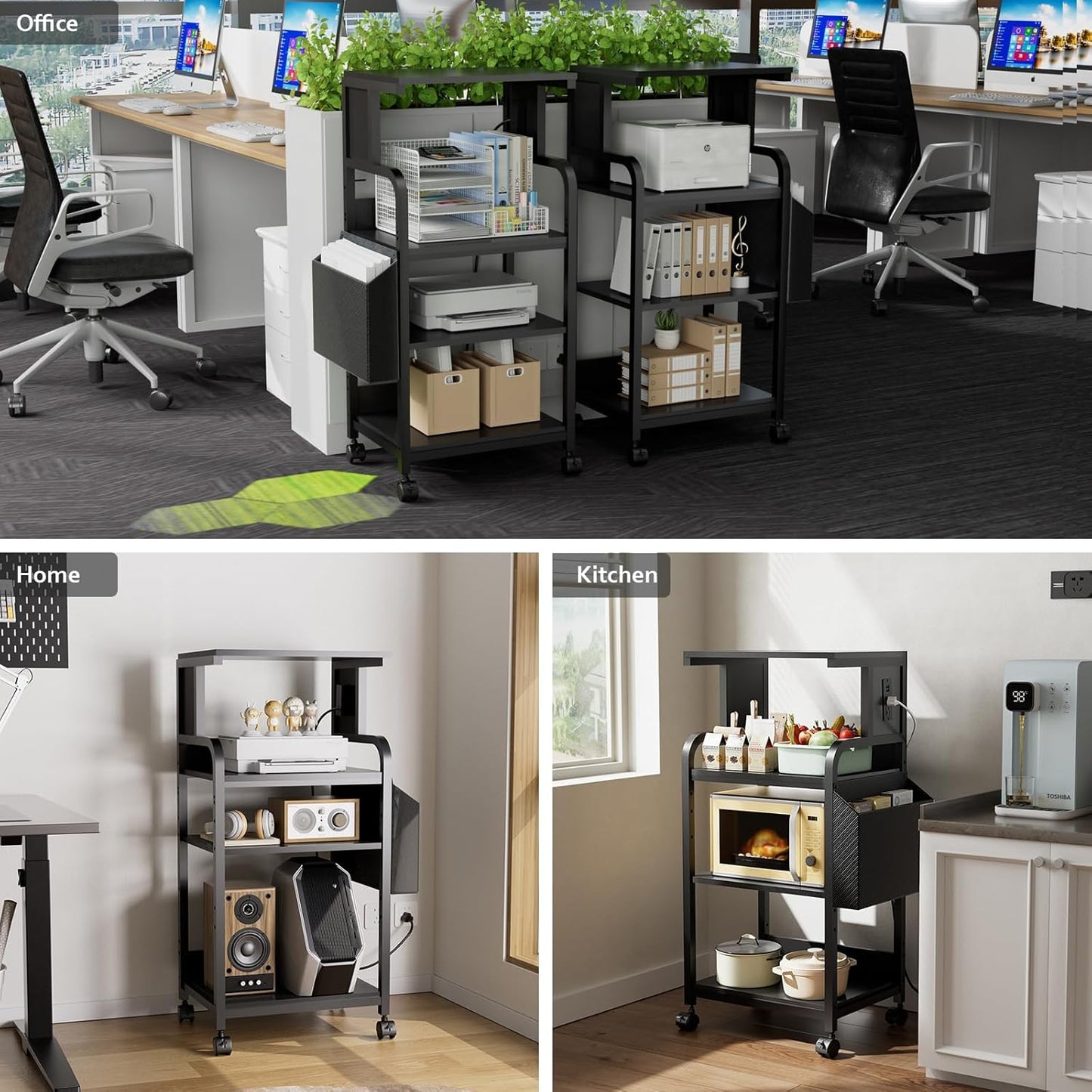 Tall Printer Stand with Storage, 4-Tier Mobile Printer Cart with Adjustable Shelf & Side Bag, Heavy Duty Printer Table with Built-In Charging Station for Home Office, Fits Scanner, Fax Machine, Grey