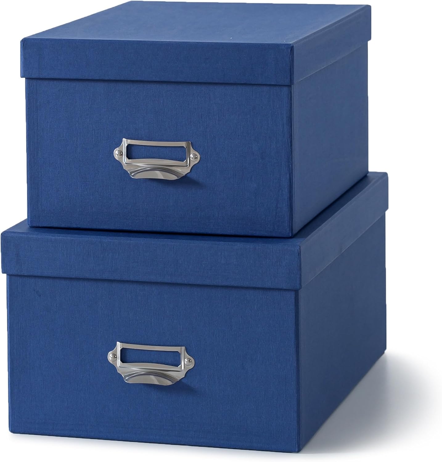 Soul & Lane Blue Decorative Cardboard Storage Boxes with Lids, Set of 2 Stacking Keepsake Photo and Memory Boxes for Home & Office, Elegant Paperboard Organizers with Label Holders and Drawer Pulls