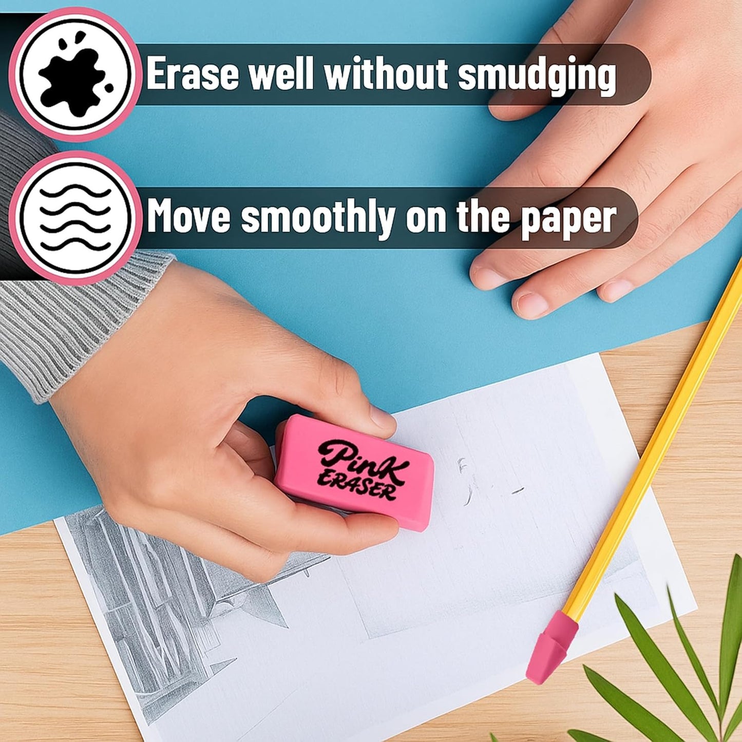 30 Pcs Pink Eraser Bulk Set – 6 Block Erasers and 24 Pencil Top Erasers, Smudge-Free, School Supplies for Students, Teachers, Drawing, Office, Homework Use (Pink)