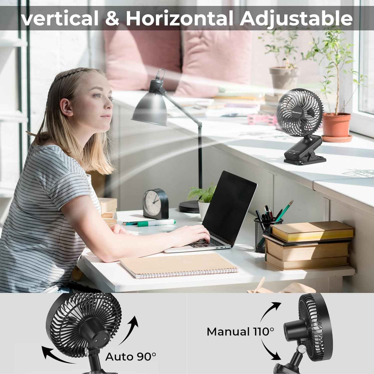10000mAh Clip On Fan, 42H Run, Quiet & Auto Oscillating Table Fan, Rechargeable 4 Powerful Speeds, Battery Operated Desk Fan for Camping Outdoor Travel RV Home Bedroom Office Co-Branded with AMACOOL