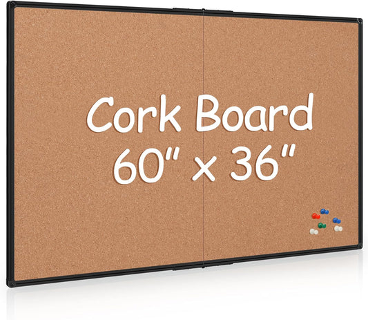Board2by Extra Large Cork Bulletin Board 60" X 36", Foldable Notice Pin Board for Wall, Black Aluminum Framed 5'x3' Corkboard, Wall Mounted Noticeboard with 36 Push Pins for School, Home & Office - Lumora Desk