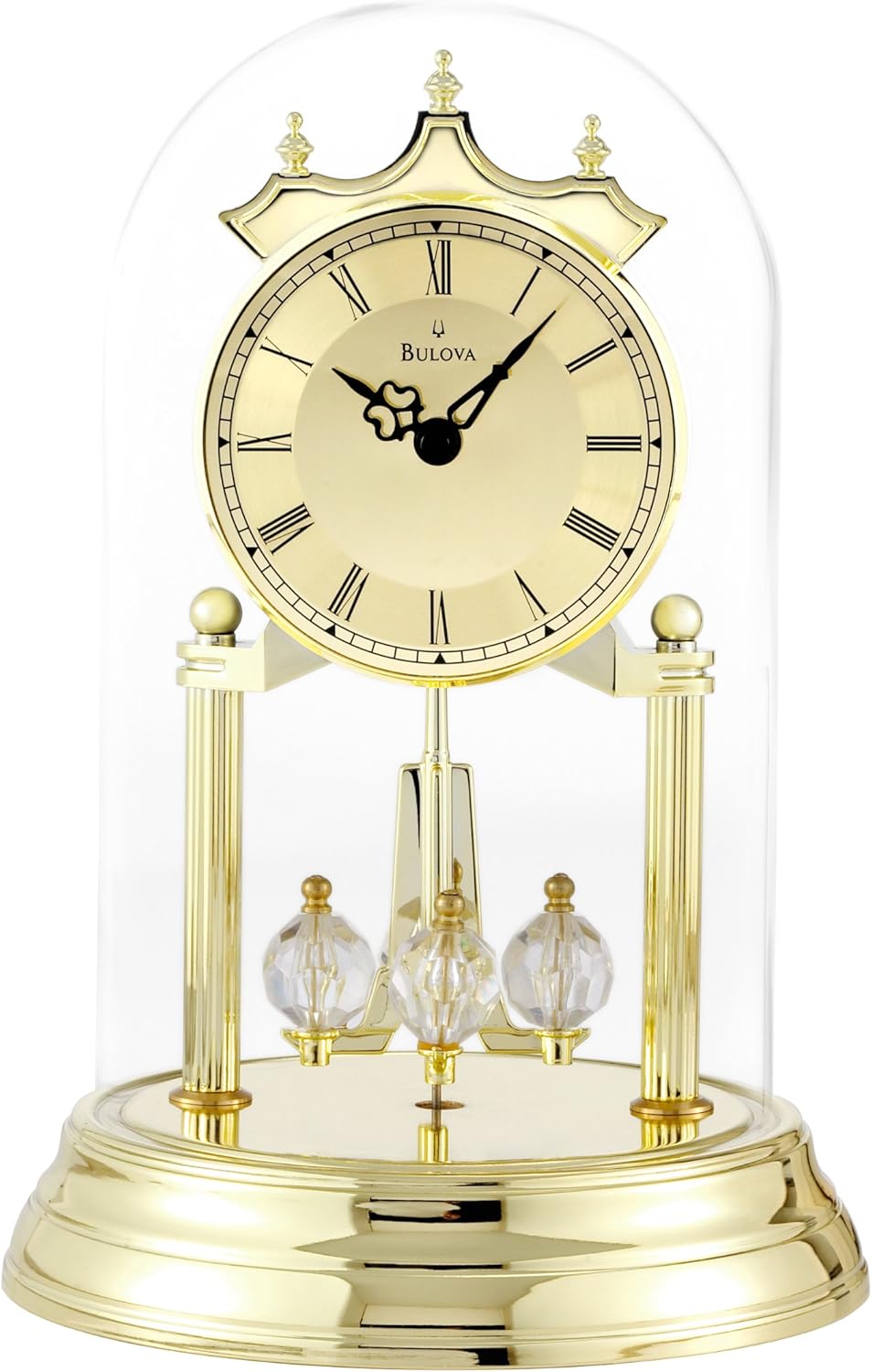 Bulova Tristan I Desk and Table Clock | Model B8818 | Polished Brass Finish | Polished Metal Base | Floating Dial | Roman Numerals | Elegant Pendulum Design