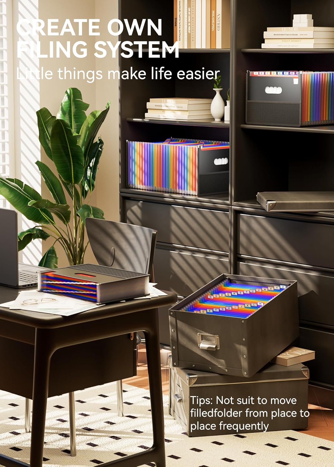 Accordion File Organizer, 26 Pockets File Folders, Upright & Open Top, A-Z Colorful Tabs, Larger Capacity Expanding File Folder, Letter/A4 Size for School, Home and Office - Black