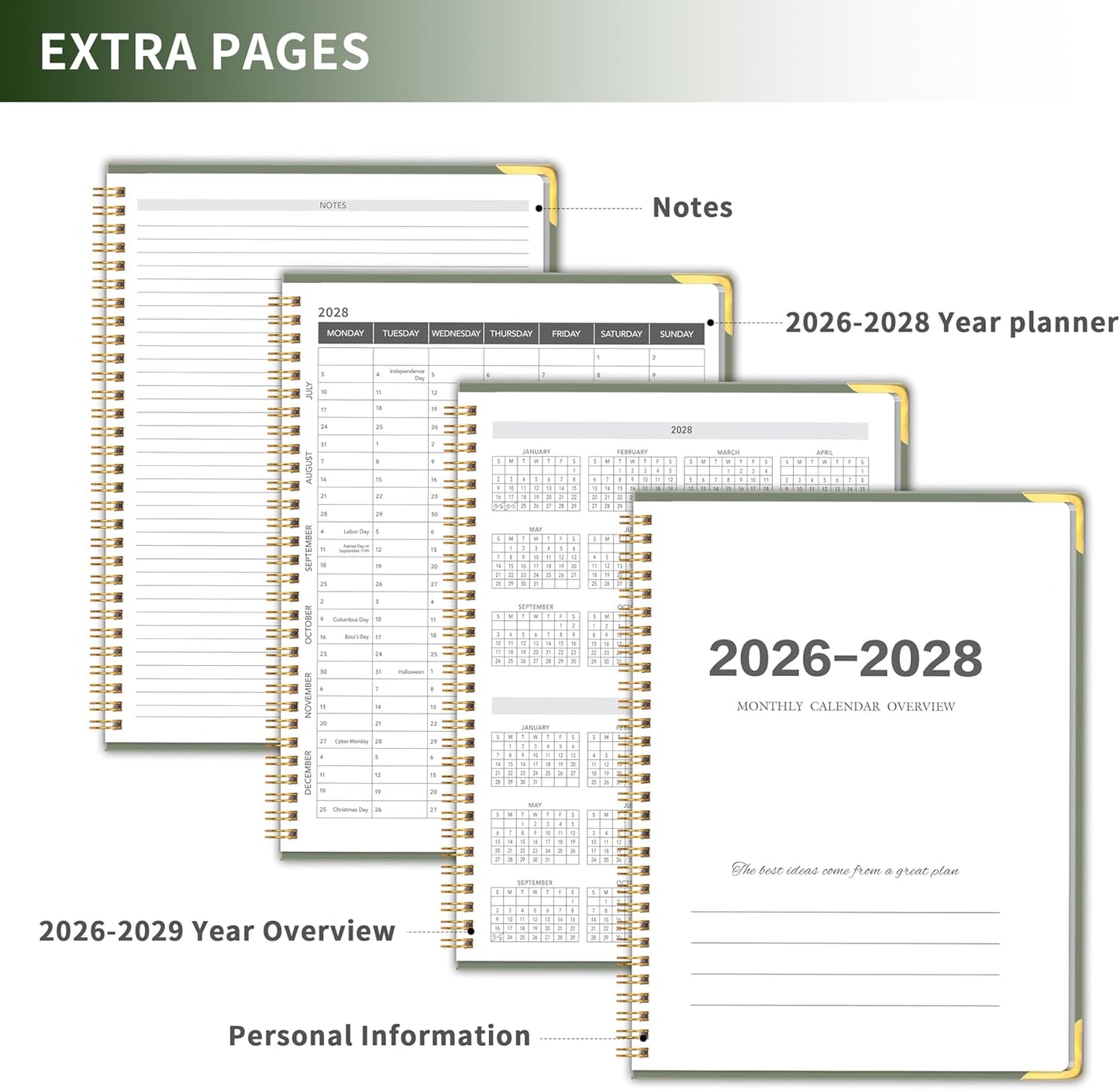 Monthly Planner 2026-2028, Hardcover 3 year calendar 2026-2027-2028 Calendar Book from Jan 2026 - Dec 2028, 9“ x 11”, Spiral Bound,Organizer for Office, School, and Home,Green