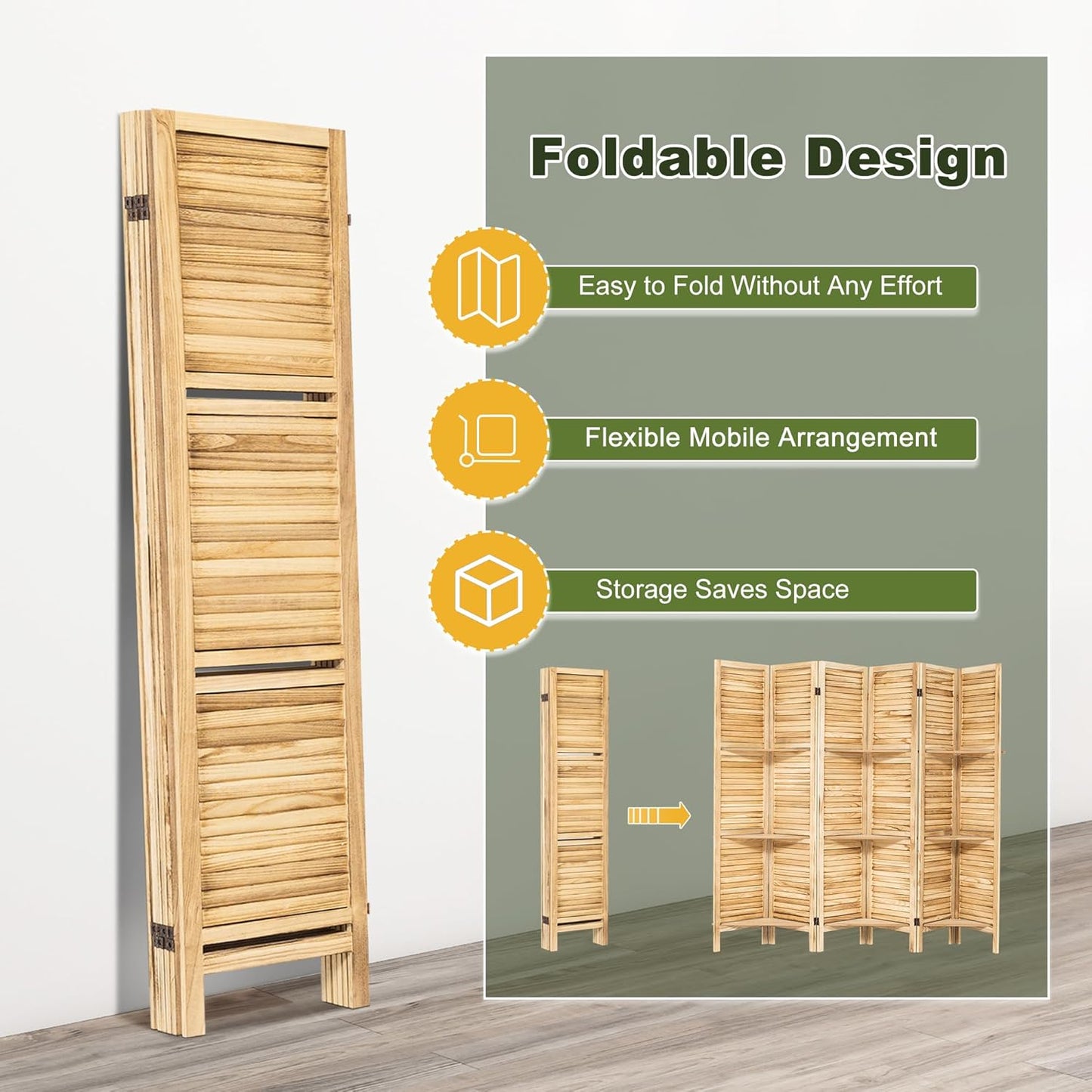 NicBex 6 Panel Room Divider,5.6FT Wood Carved Room Dividers with Display Shelves Folding Privacy Screens Portable Freestanding Partition Wall Dividers for Room Separation, Bedroom Office,Natural Wood - Lumora Desk