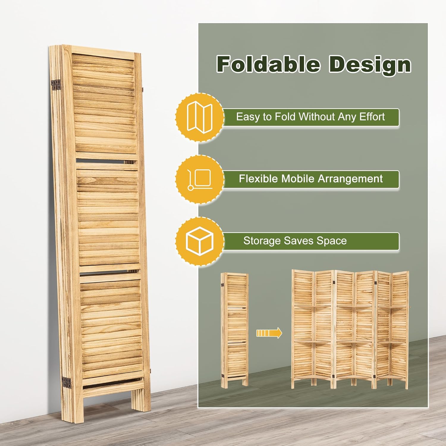 NicBex 6 Panel Room Divider,5.6FT Wood Carved Room Dividers with Display Shelves Folding Privacy Screens Portable Freestanding Partition Wall Dividers for Room Separation, Bedroom Office,Natural Wood - Lumora Desk