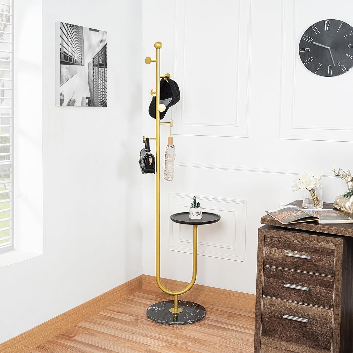 Coat Rack Stand, Metal Coat Tree with Bamboo Tray & 6 Hooks, Heavy Duty Marble Base Corner Coat Stand for Bedroom Hallway Entryway Living Room Office 13.78 x 13.78 x 68.11 Inches (Gold) - Lumora Desk