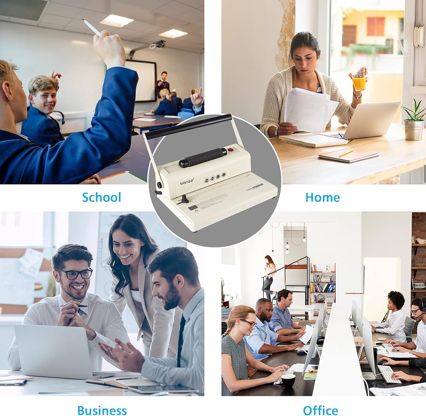 TIANSE Coil Binding Machine, Electric Coil Inserter, Manual Round Hole Punch, 15 Sheets Punch Capacity, Perfect for Letter Size / A4 / A5, Comes with 100pcs 5/16'' Plastic Coil Binding Spines & Plier