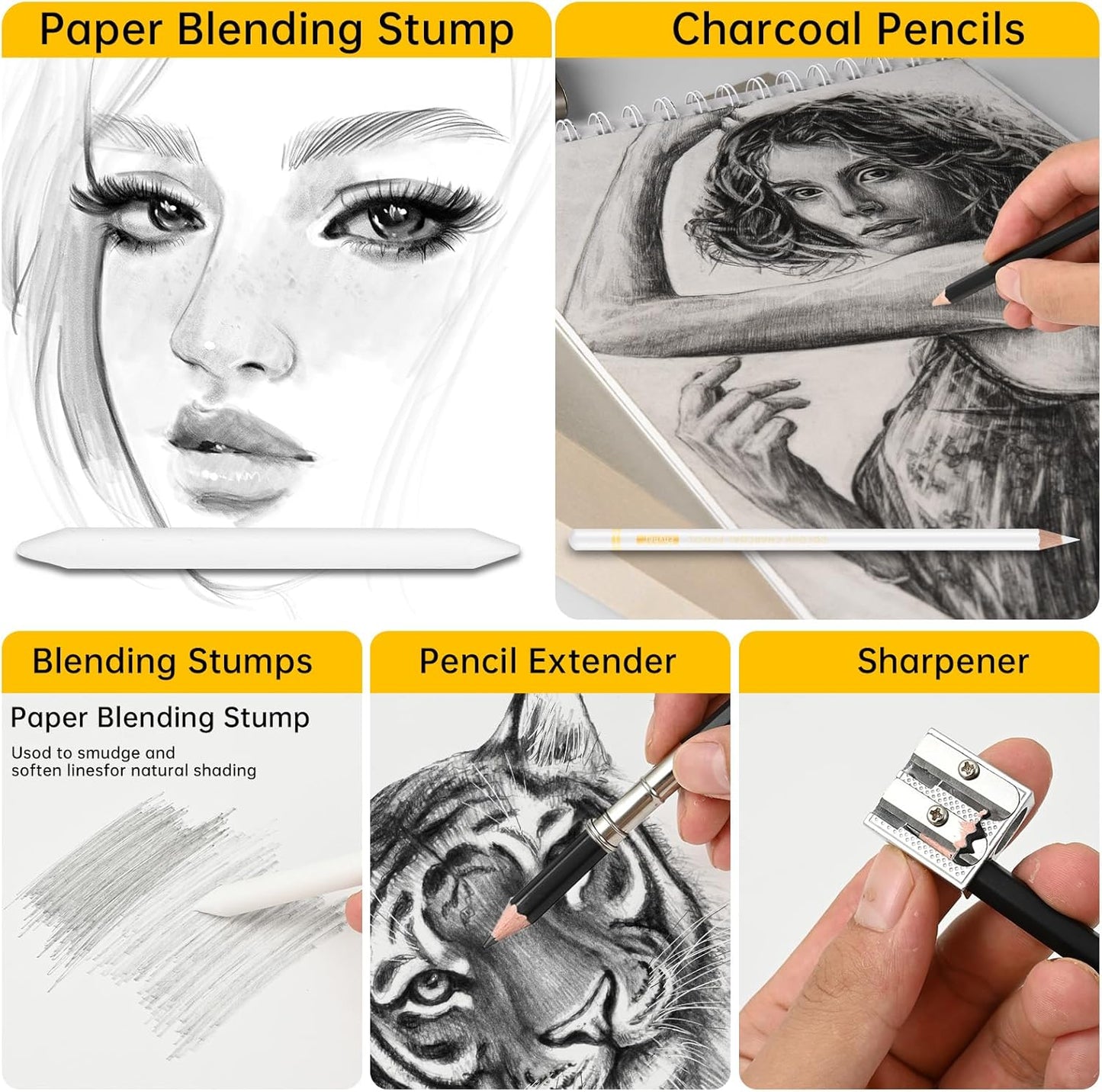 24-Piece Drawing Pencil Set - 14 Graphite Sketch Pencils (14B-4H), 4 Charcoal Pencils, White Charcoal Pencil & Art Supplies, Sketch Pencils for Drawing, Shading, Sketching for Beginners & Artists