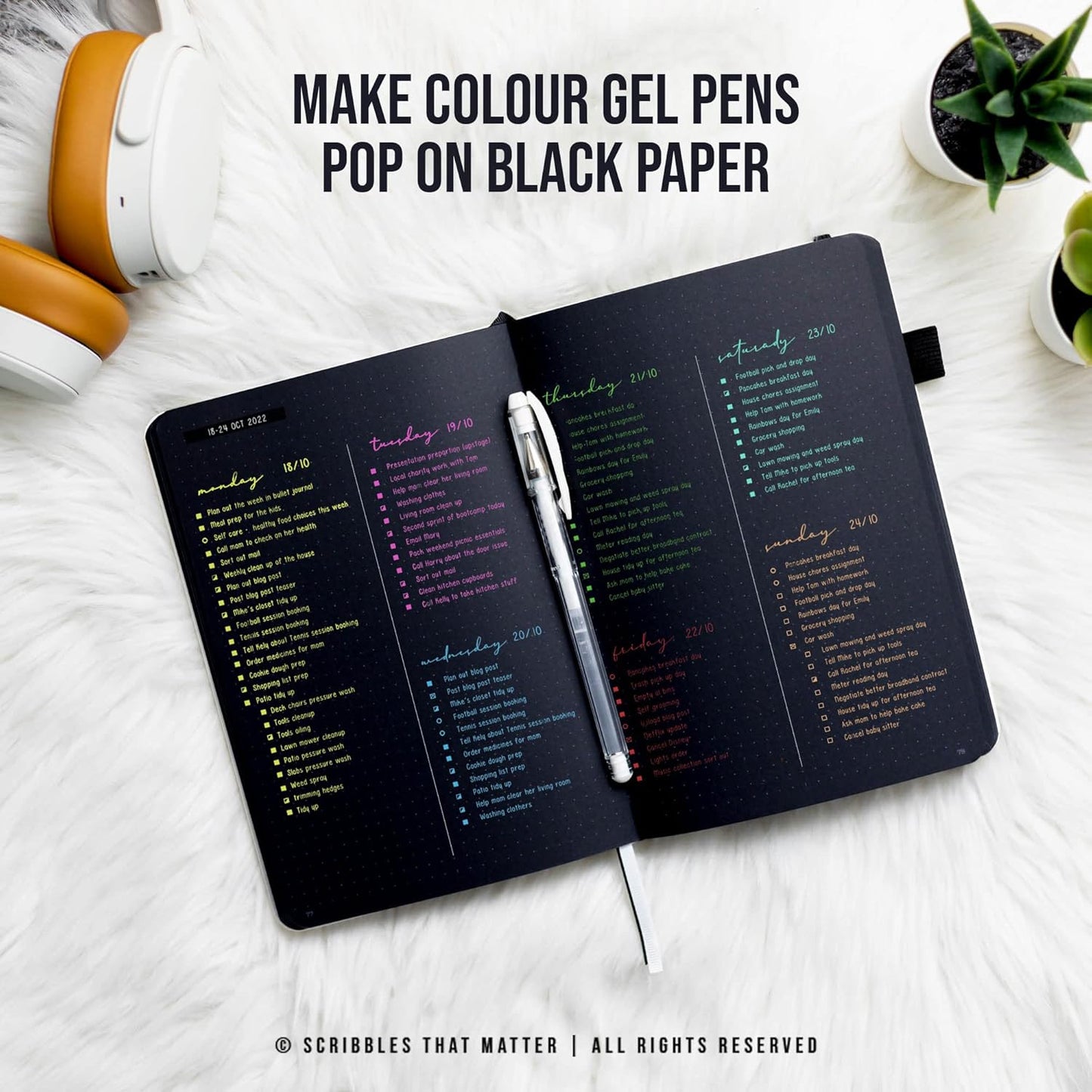 Black Paper Bullet Dotted Journal Notebook | B5 Starry Night by Scribbles That Matter | Free white gel pen | 160gsm Blackout no-bleed dot grid paper | For Men and Women | 7 x 10 in | White