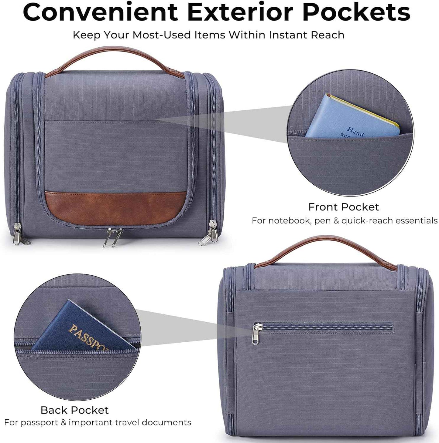 Ralnitote Large Hanging Toiletry Bag for Men, Travel Bathroom Bag with Hook, Hygiene Bag Organizer for Shower, Shaving & Grooming Essentials, Gray