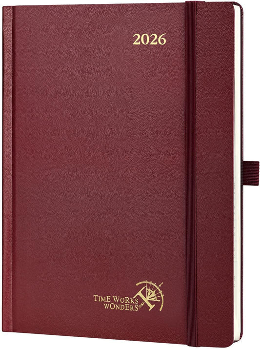 POPRUN 2026 Planner (Medium Size 8.5''x 6.5'' Hardcover) - Daily Weekly and Monthly Calendar Agenda 2026 Appointment Book with Hourly Time Slots, Monthly Tabs, 100 GSM - Burgundy