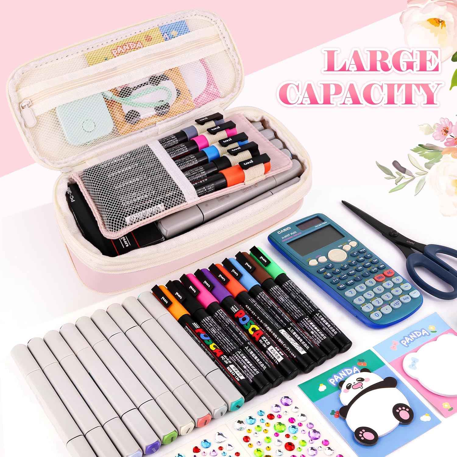 Preppy Pencil Case for Girls, Cute Large Pencil Pouch, Personalized Initial Pencil Bag with Zipper for School College Office Supplies, Back to School Supplies Gifts for Teen Girls (H, Pink)