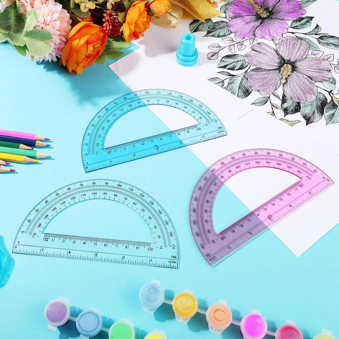 Zonon 12 Pack 6 Inch Plastic Protractor Back to School Protractors 180 Degrees Pink Blue Clear Protractors for Classroom Math Teacher Student Office Supplies