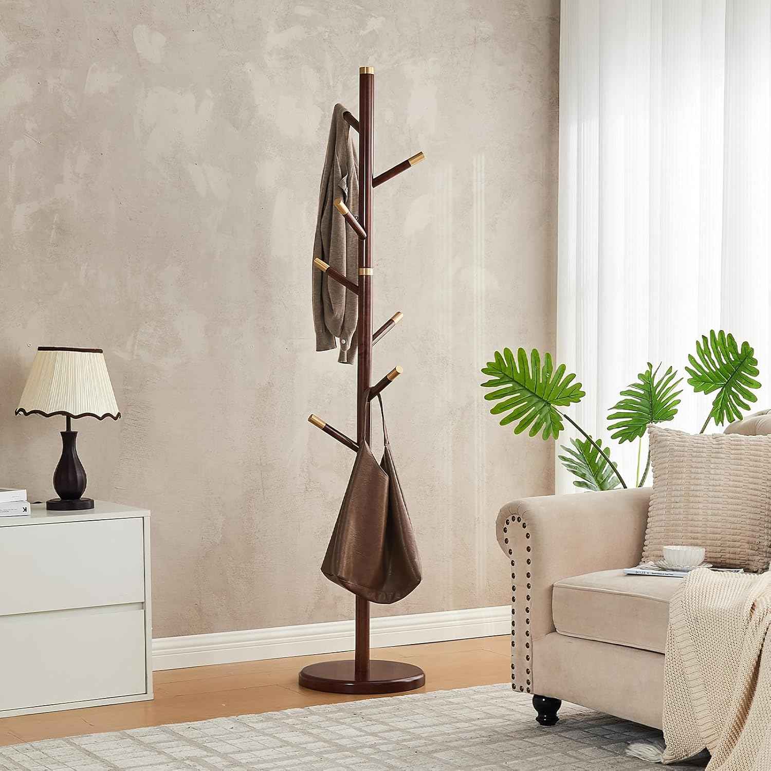 Uniclinens Coat Rack Freestanding Solid Wood Coat Tree Standing with 7 Hooks, Coat Rack Stand Creative Tree Branch-look (Walnut)
