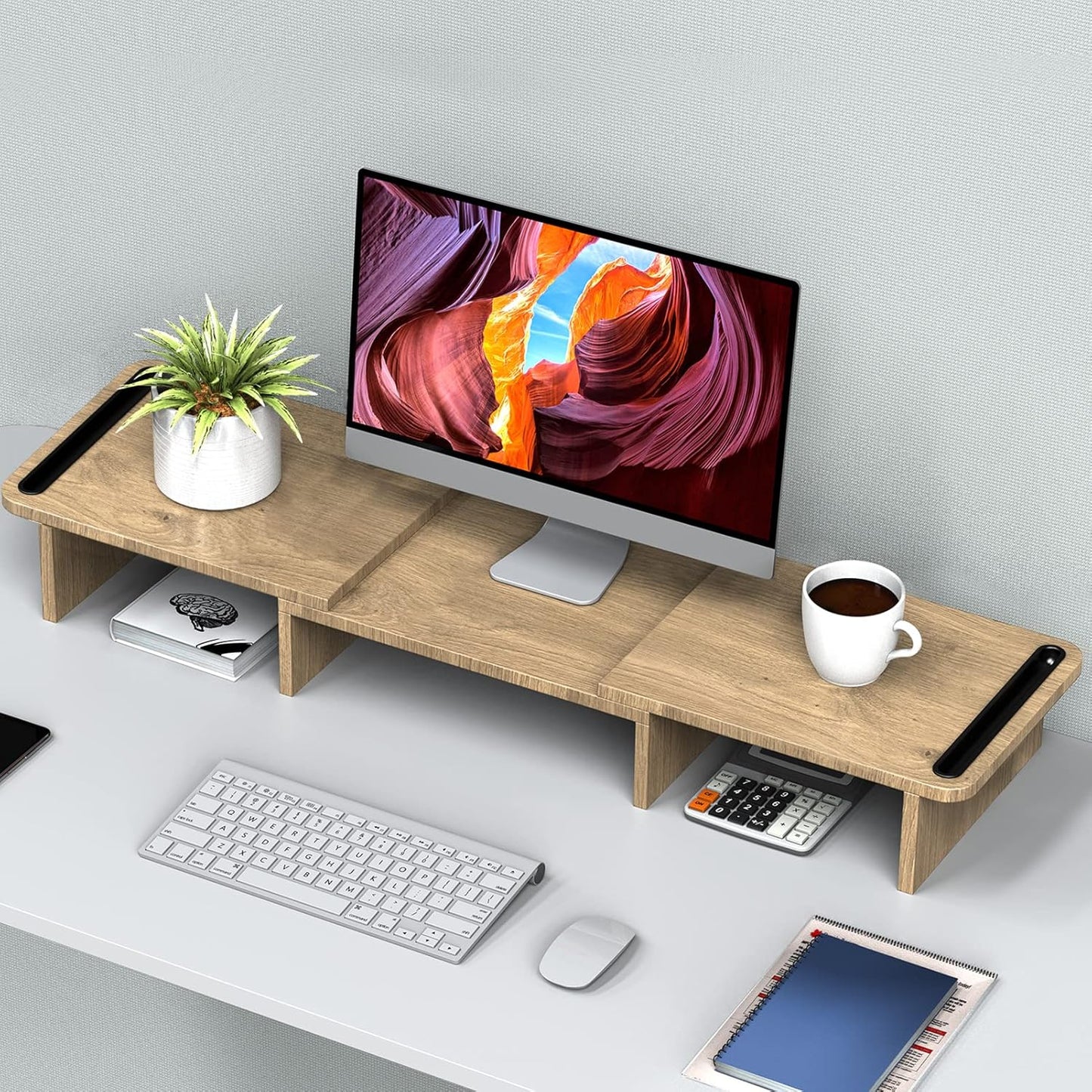 Zimilar Dual Monitor Stand Riser, Monitor Stand with Adjustable Length and Angle, Wood Monitor Stand for Desk, Monitor Riser for 2 Monitors with Storage Space