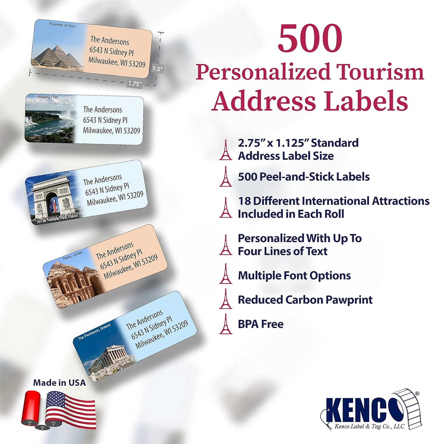 Customized Personalized Address Labels - Made in The USA by Kenco (500 Labels, World Destinations) - Lumora Desk
