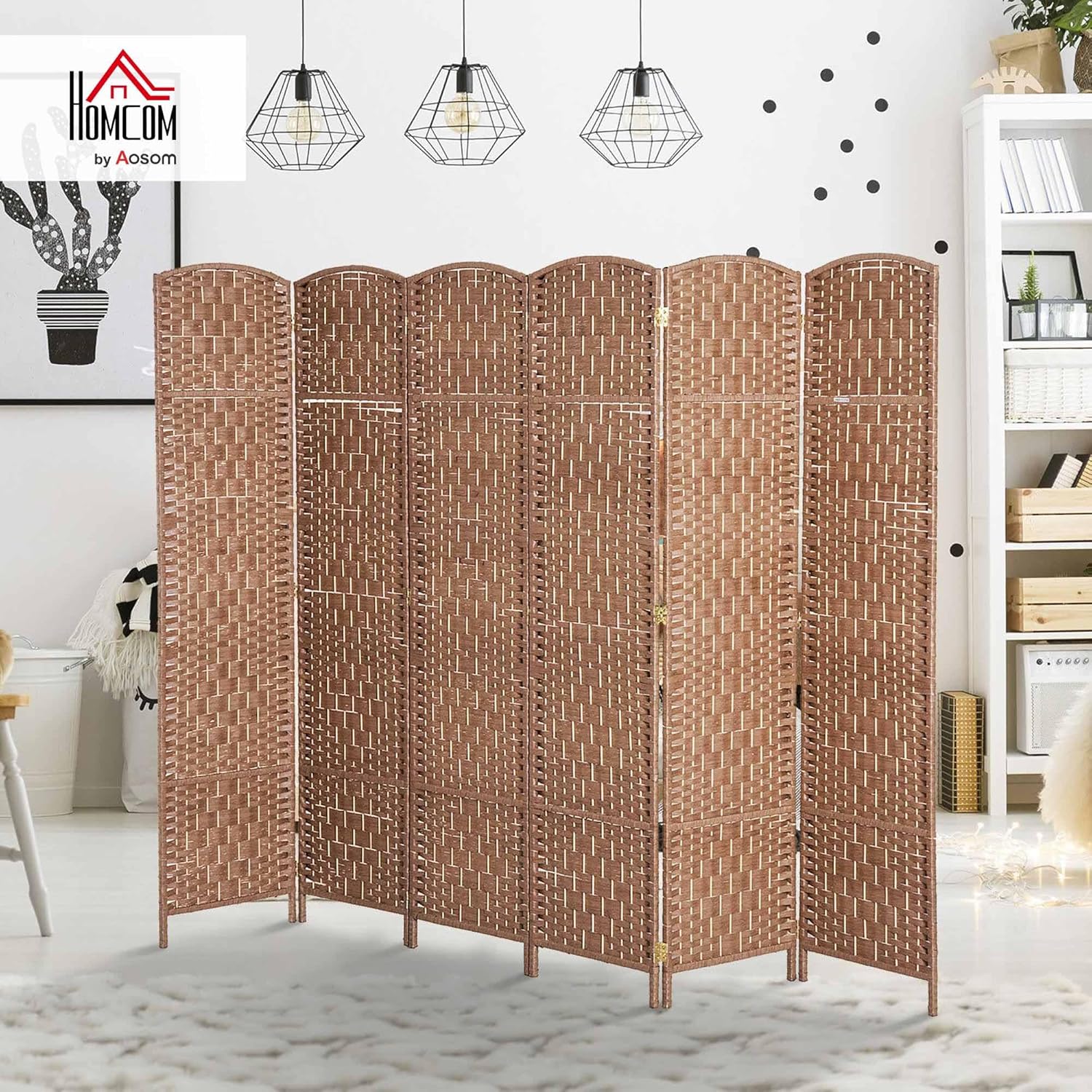 HOMCOM Room Divider, 6 Panel Folding Privacy Screen, 6FT Tall Portable Wicker Weave Partition Wall Divider for Bedroom, Home Office, Natural - Lumora Desk