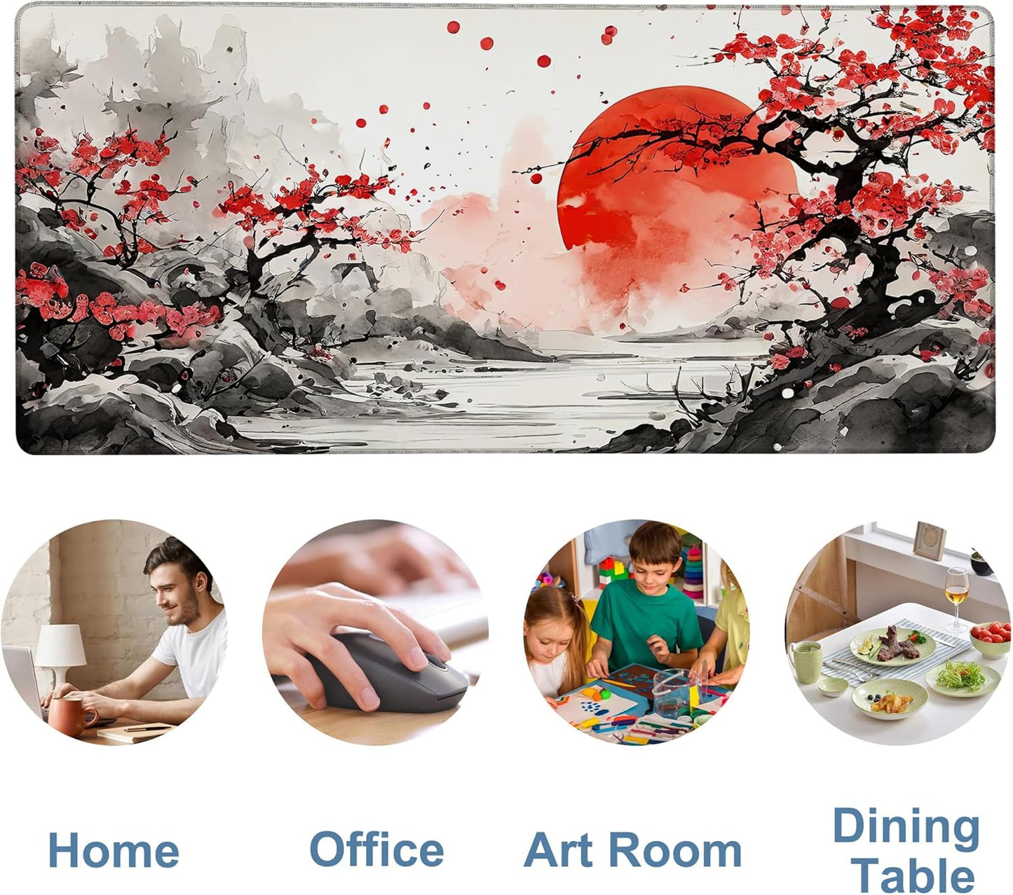 Large Mouse Pad Ink Painting Gaming Desk Pad Computer Keyboard Non-Slip Waterproof Mouse Mat with Rubber Base and Stitched Edges Entertainment Office Writing Desk Mat 35.4 x 15.7 Inches